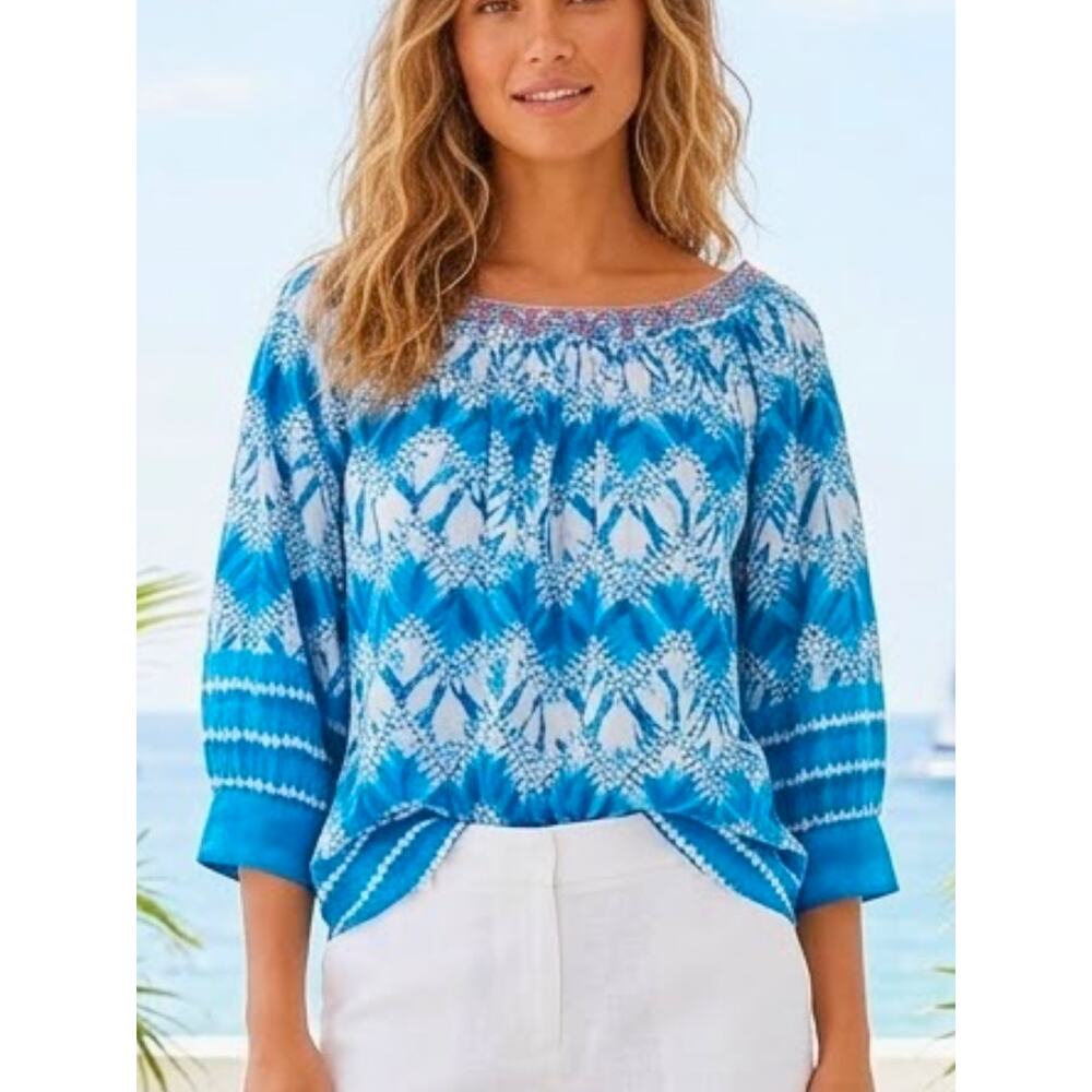 BELLA TU Blue Shibori Tie Dye Beaded Top NWT Size XS